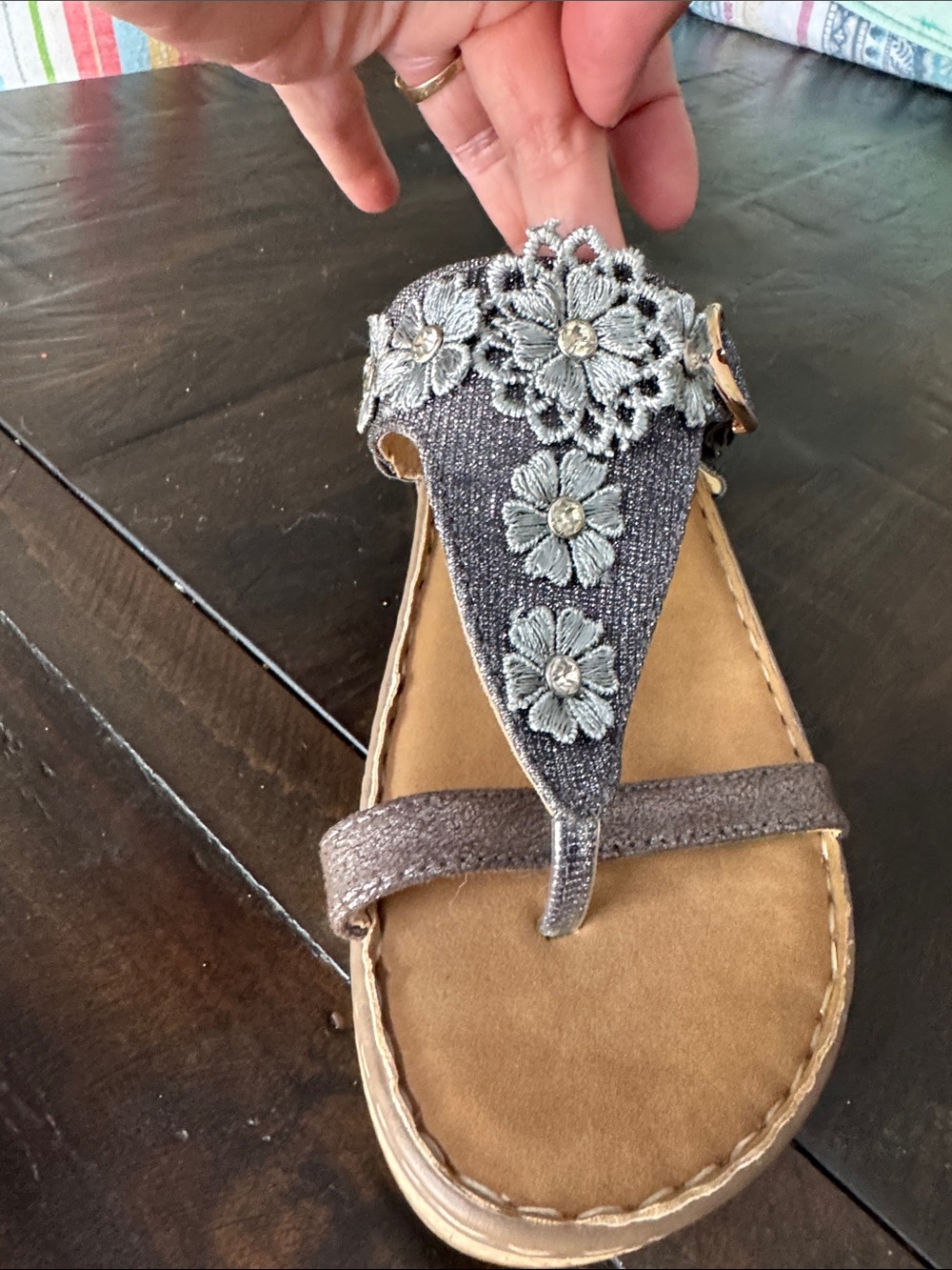 Alberto Embellished Floral T-Strap Sandal in Shimmery Pewter size 10